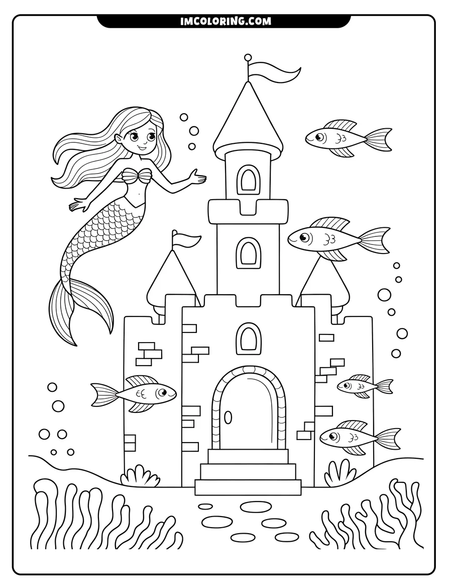Line art of a mermaid near an underwater castle, with small fish swimming around.