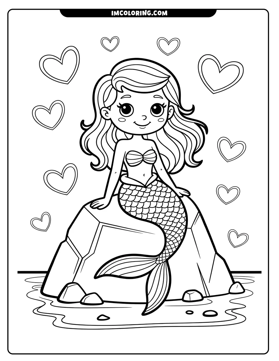 Line art of a mermaid with long hair sitting on a rock by the water, surrounded by hearts.