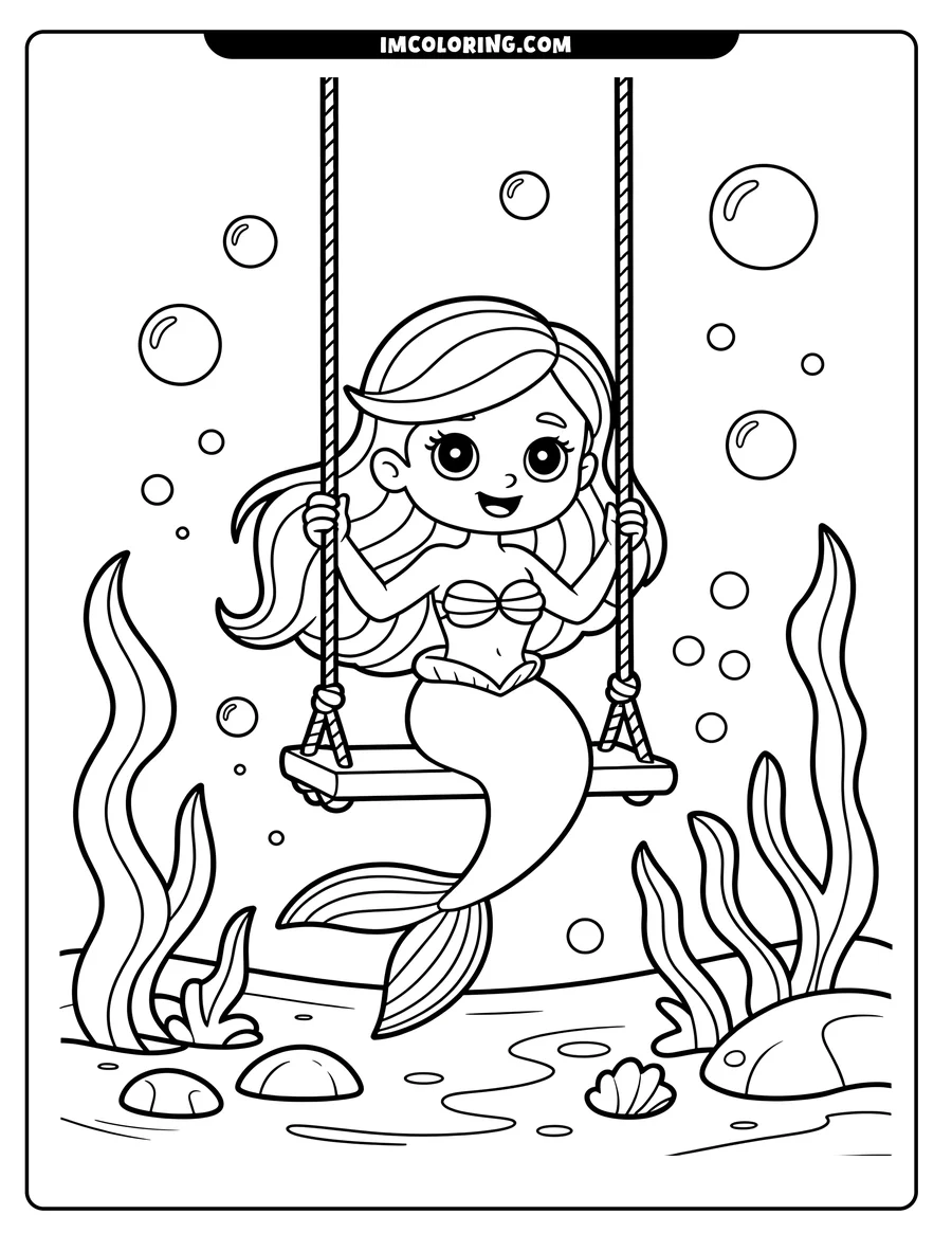 Outline of a smiling mermaid sitting on a swing underwater, surrounded by seaweed, bubbles, and a fish.