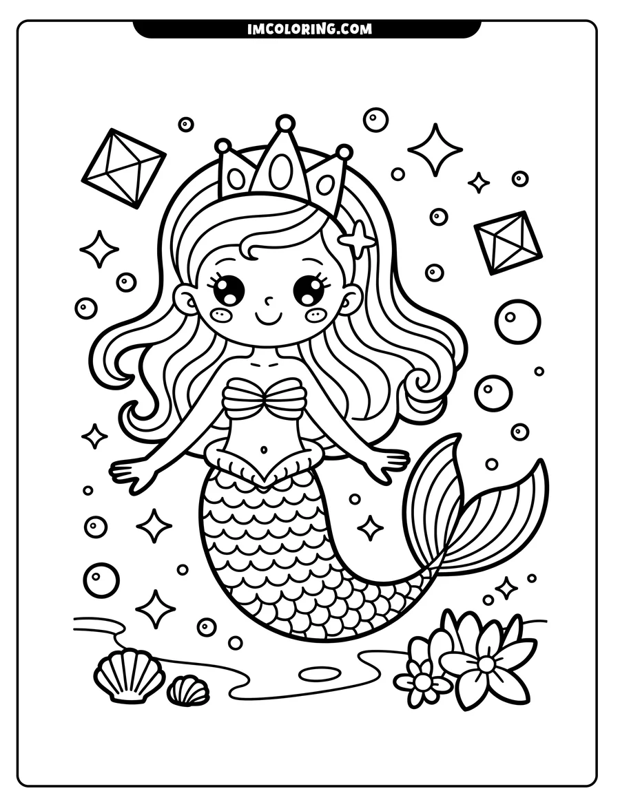 Outline drawing of a mermaid princess with a crown and starfish in her hair. She floats above a seabed with flowers and seashells.