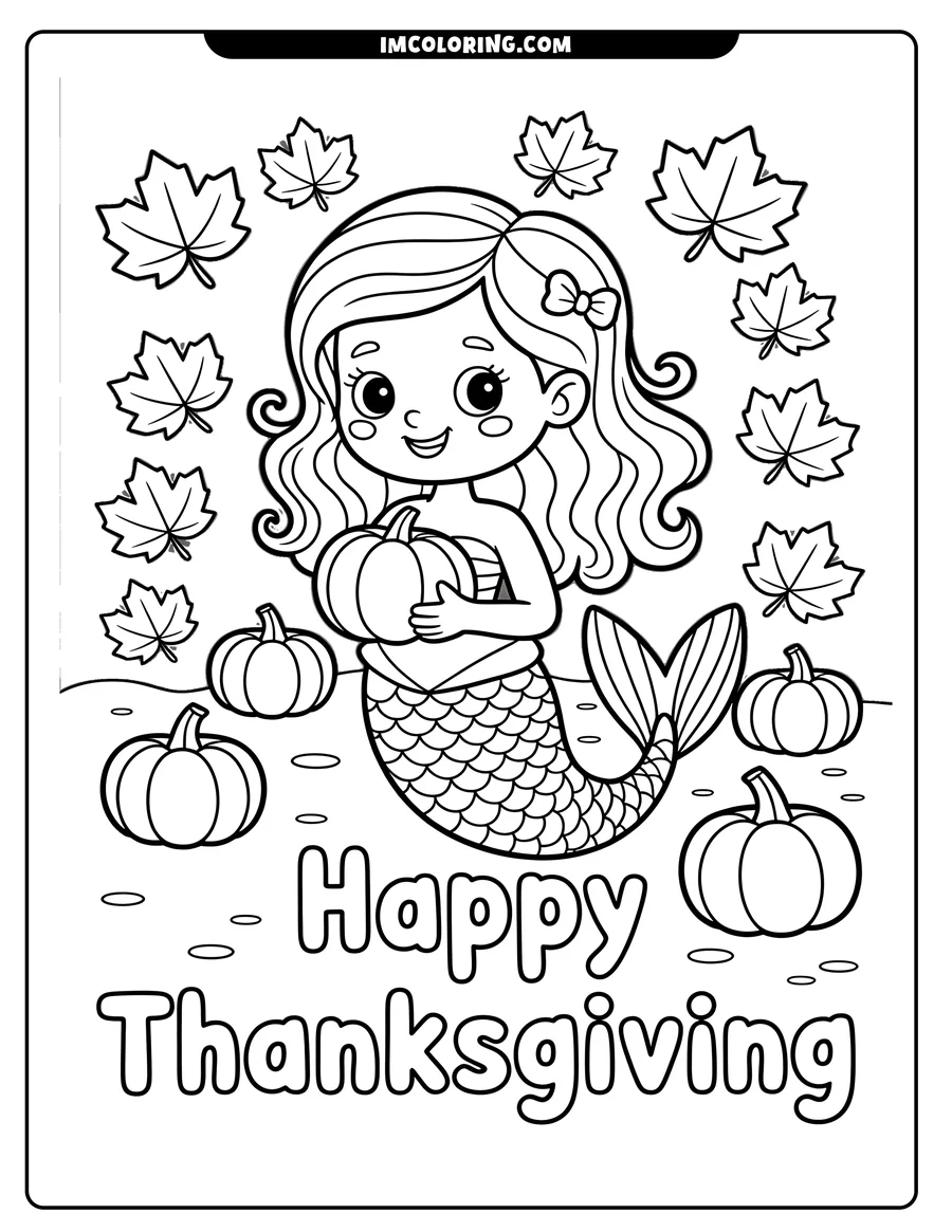 Outline of a mermaid holding a pumpkin, surrounded by more pumpkins and autumn leaves. She's smiling and seems ready for Thanksgiving.