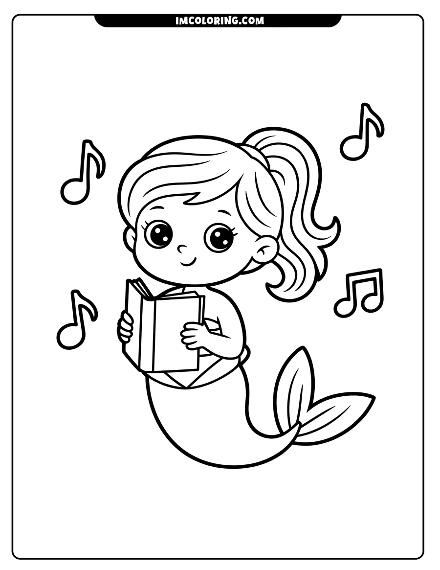 Outline of a smiling mermaid holding a book, surrounded by musical notes