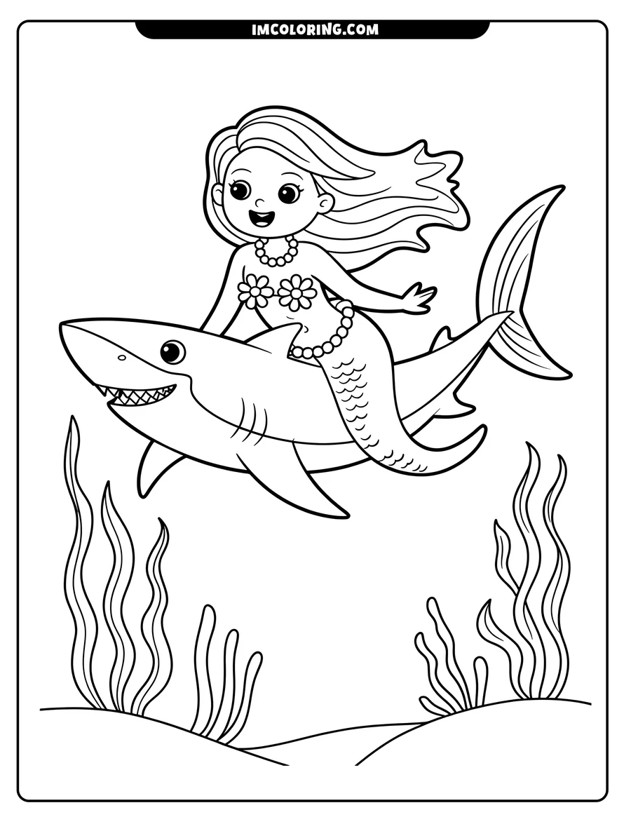 Line art of a mermaid with flowing hair, riding a smiling shark underwater. Seaweed is visible on the seabed below.