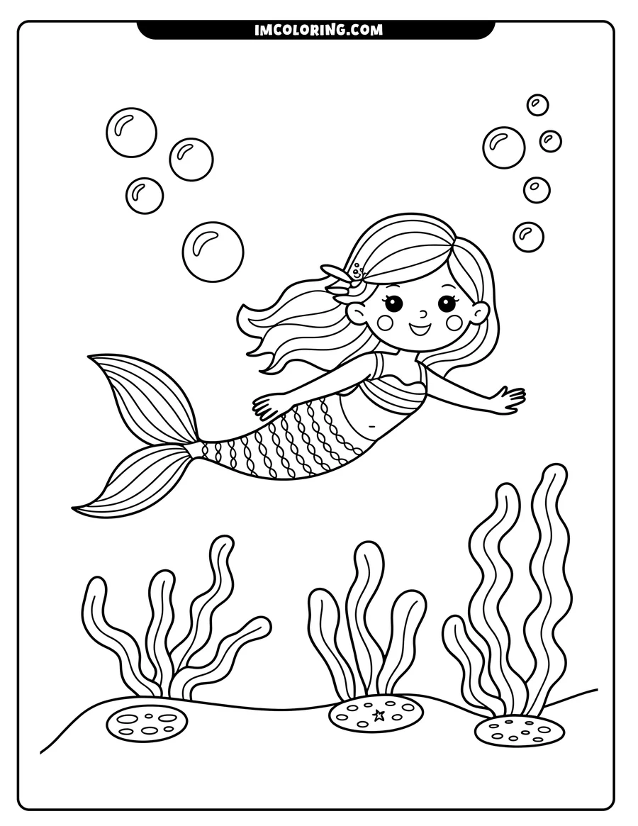 Line art of a mermaid swimming underwater with seaweed below and bubbles rising around her.