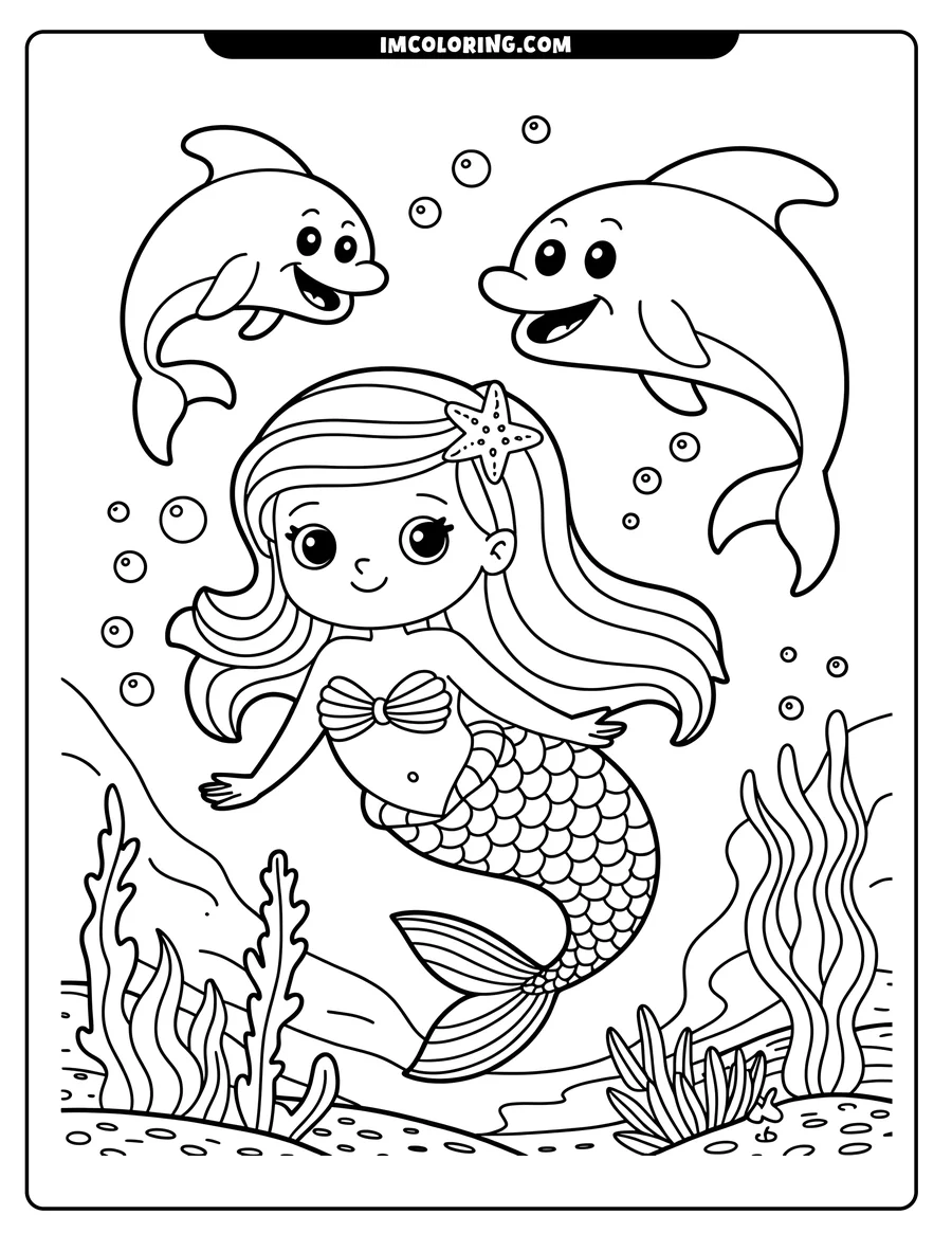 Line art depicting a mermaid swimming underwater with two friendly dolphins. She has a starfish in her hair and a seashell top, with seaweed and bubbles surrounding them.