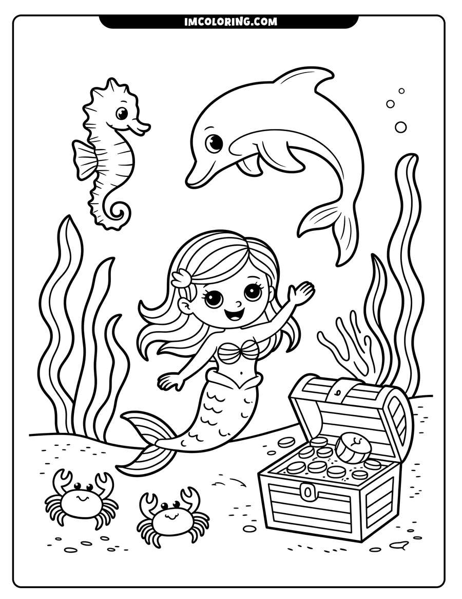 Outline of a smiling mermaid swimming near an open treasure chest filled with coins and jewels, with a dolphin, seahorse, and two crabs nearby on the ocean floor.