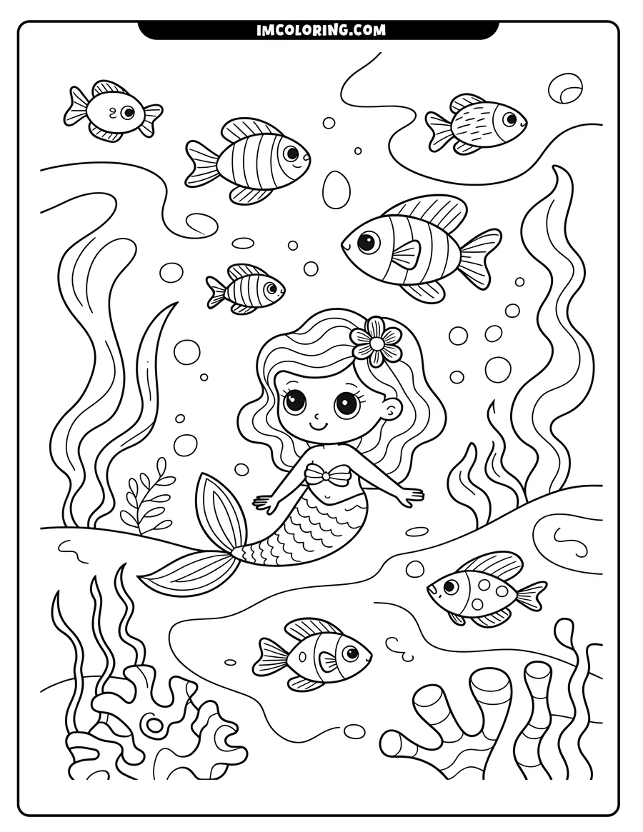 Line art of a mermaid swimming underwater surrounded by fish, seaweed, and coral.