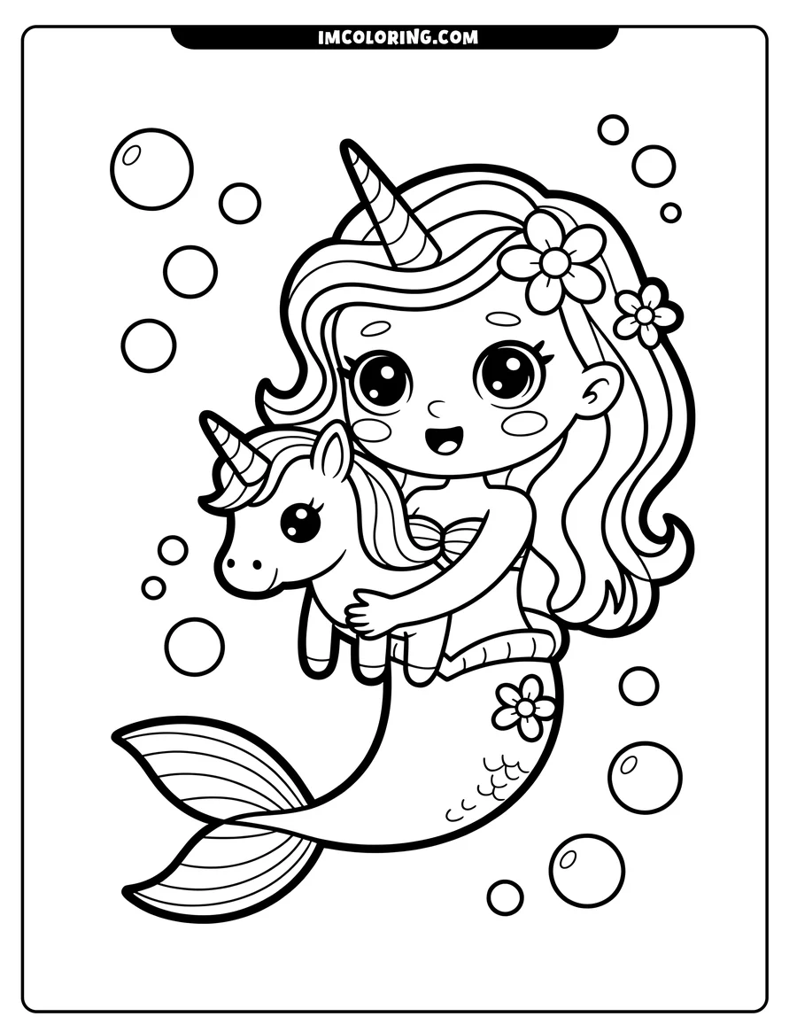 Outline of a smiling mermaid holding a baby unicorn underwater, surrounded by bubbles.