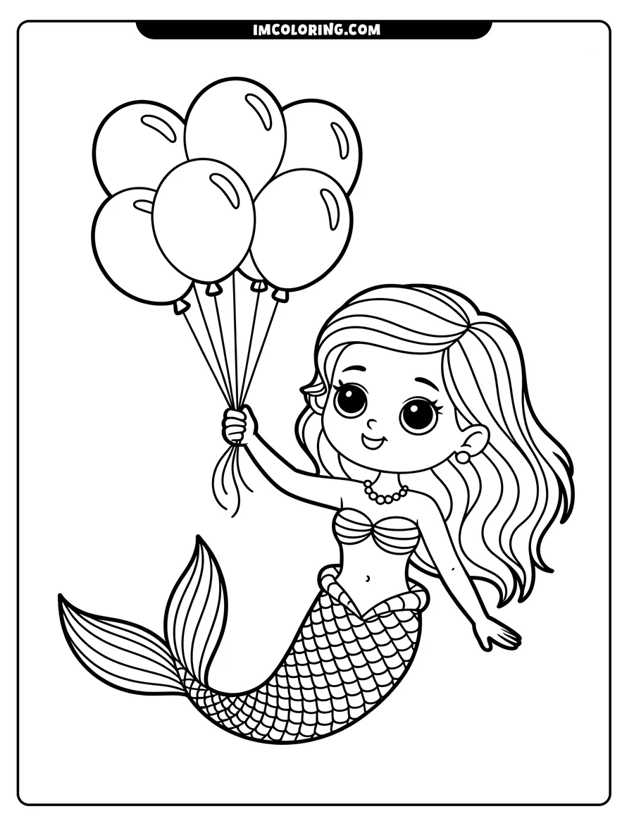 Outline of a smiling mermaid holding a bunch of balloons. She wears a seashell top and a pearl necklace.