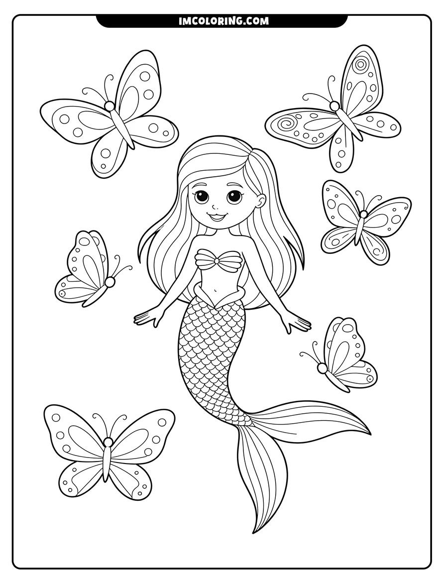Line art of a mermaid surrounded by butterflies. She has long hair and a seashell top. Her tail is covered in scales. The butterflies have various patterns on their wings.