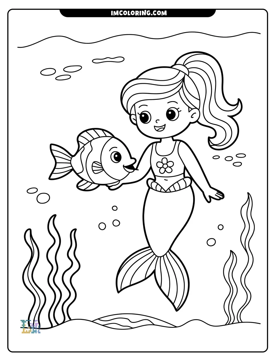 Line art of a smiling mermaid holding a fish underwater. Seaweed and bubbles add to the serene scene.