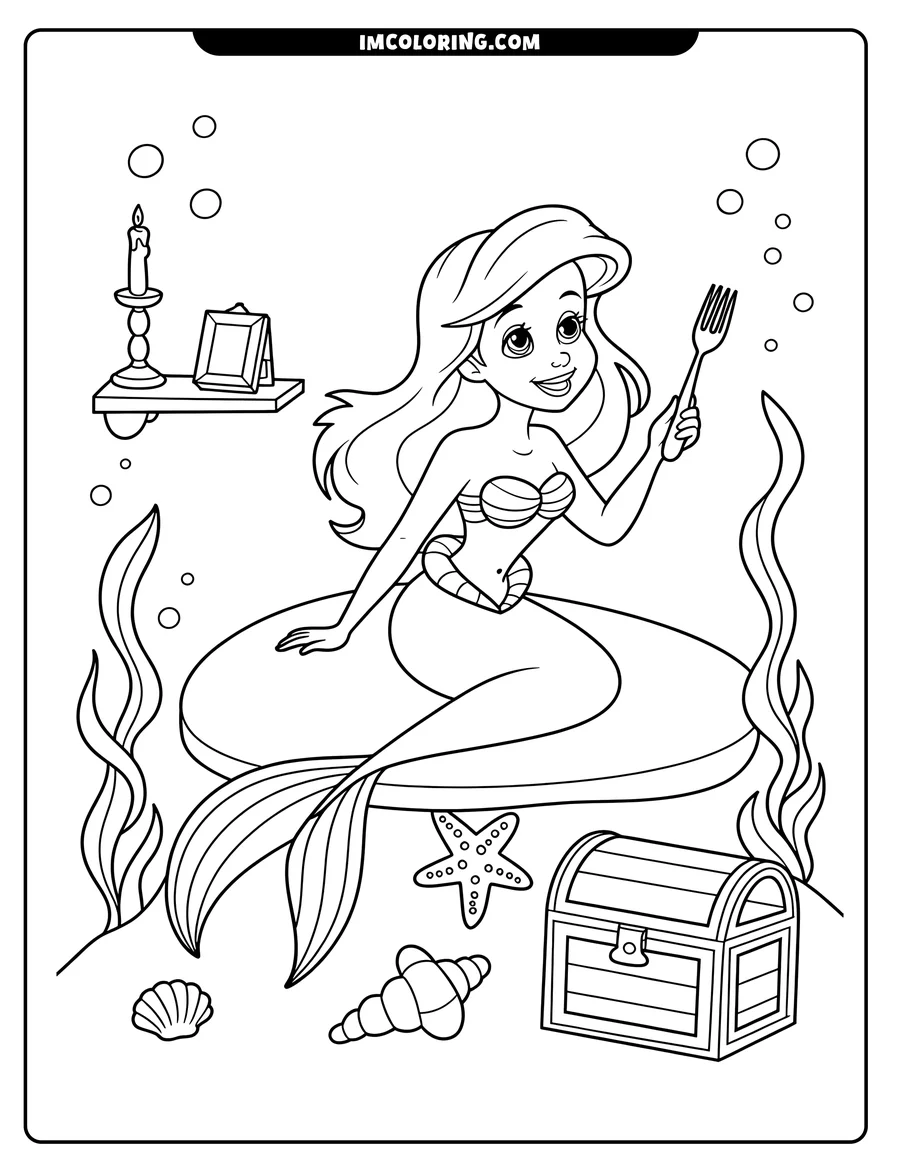 Line art of a mermaid holding a fork and sitting on a rock underwater. Beside her is a treasure chest, and on a shelf in the background are a candle and picture frame.