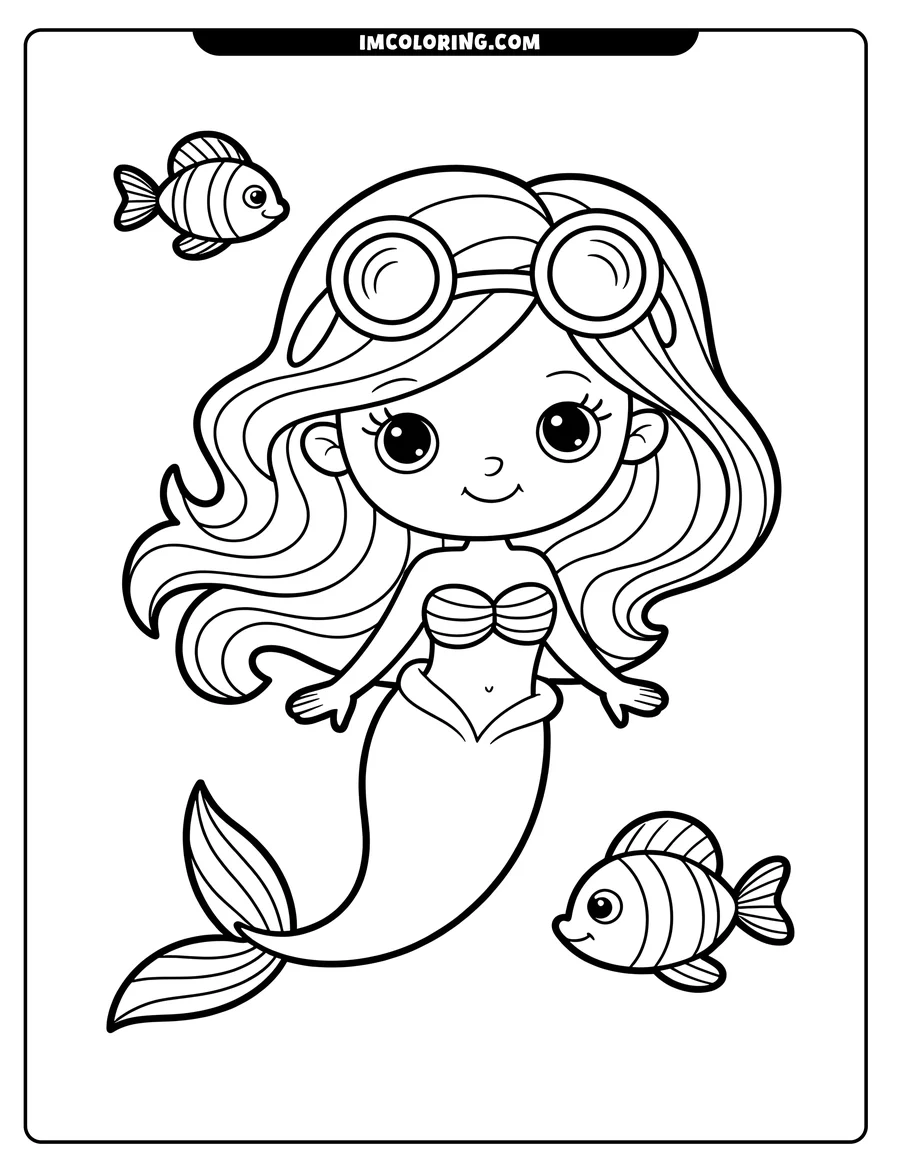 Line art of a mermaid with goggles, surrounded by two small fish.