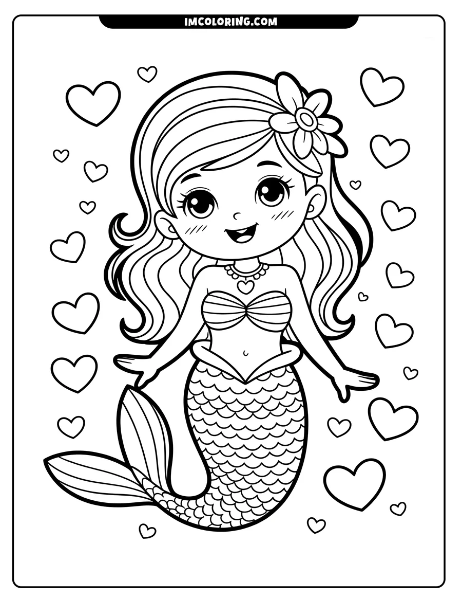 Outline of a smiling mermaid with a flower in her hair, surrounded by floating hearts.
