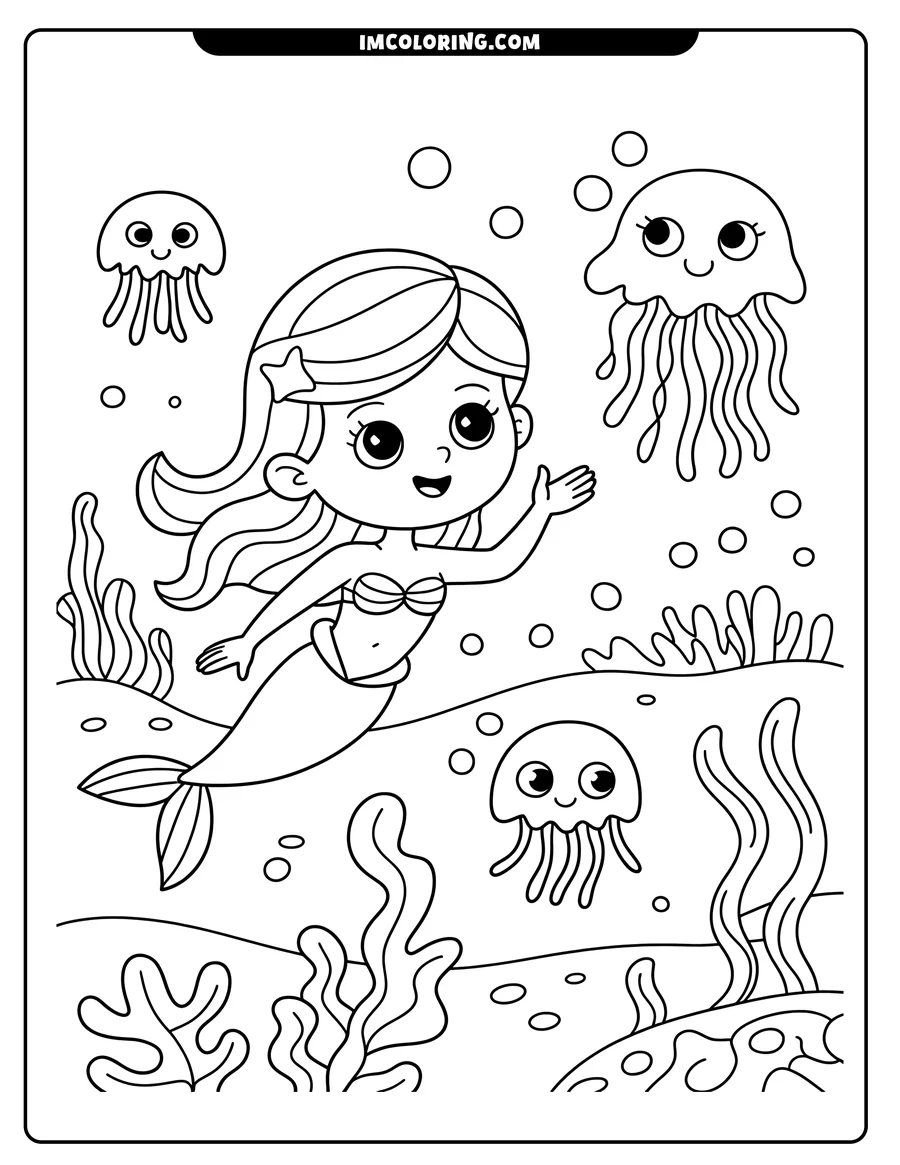 Line art of a mermaid swimming underwater with three jellyfish. She has long hair, a seashell top, and a flowing tail. Seaweed and bubbles complete the scene.