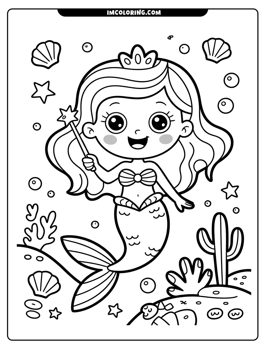 Outline of a smiling mermaid holding a magic wand, with seashells, a crab, and cacti on the seabed.