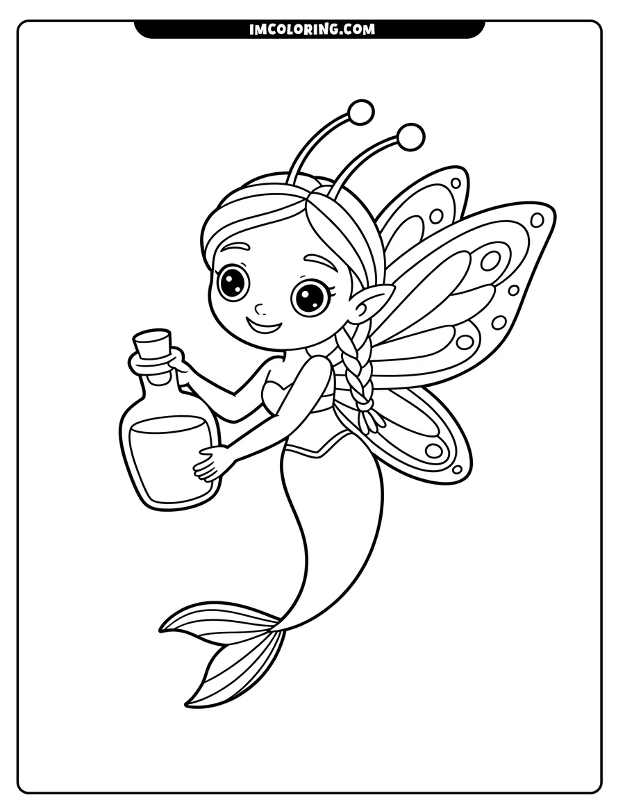 Outline of a smiling mermaid holding a potion bottle. She has butterfly wings and a fish tail.