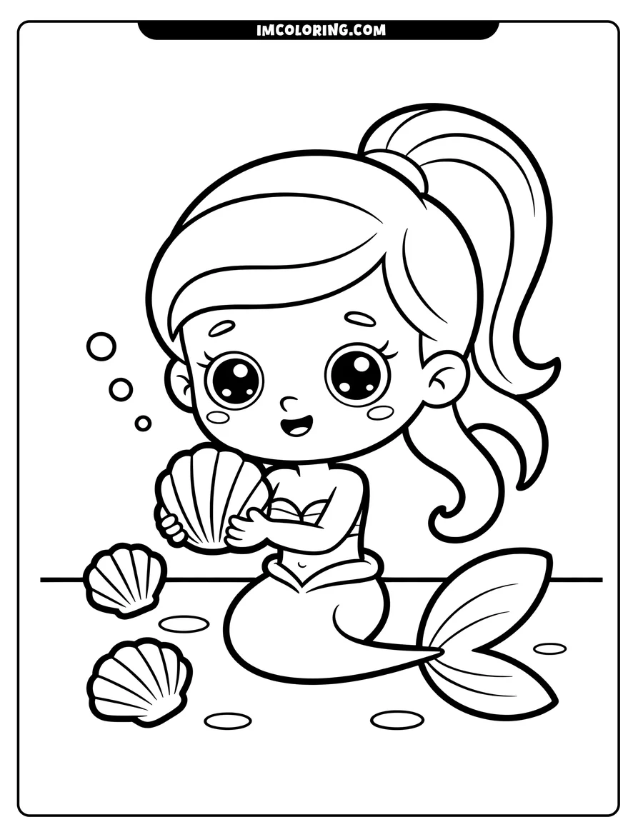 Outline of a smiling mermaid holding a seashell, with two more shells nearby on the seabed. Bubbles rise around her.