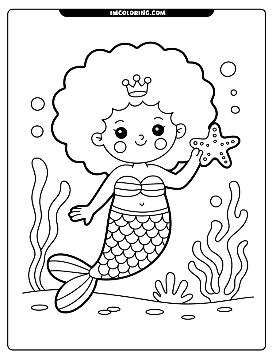 Outline of a mermaid holding a starfish, surrounded by seaweed. She wears a crown and has a full head of curly hair.