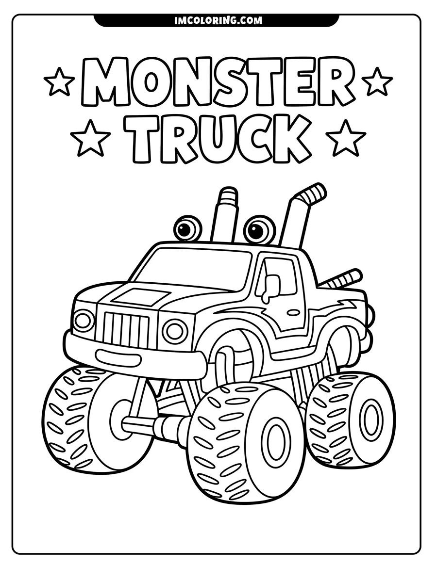 Line drawing of a monster truck with big tires, large exhaust pipes, and headlights styled as eyes.