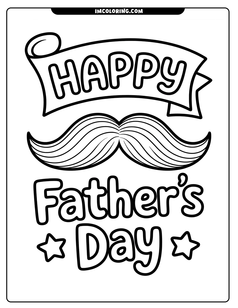 Line art of a Father's Day design with a prominent mustache and a banner saying 'Happy Father's Day', flanked by two stars.