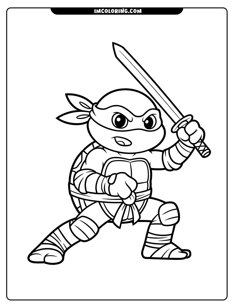 Line art of a ninja turtle holding a sword. The turtle is wearing a mask and has bandages wrapped around its limbs.