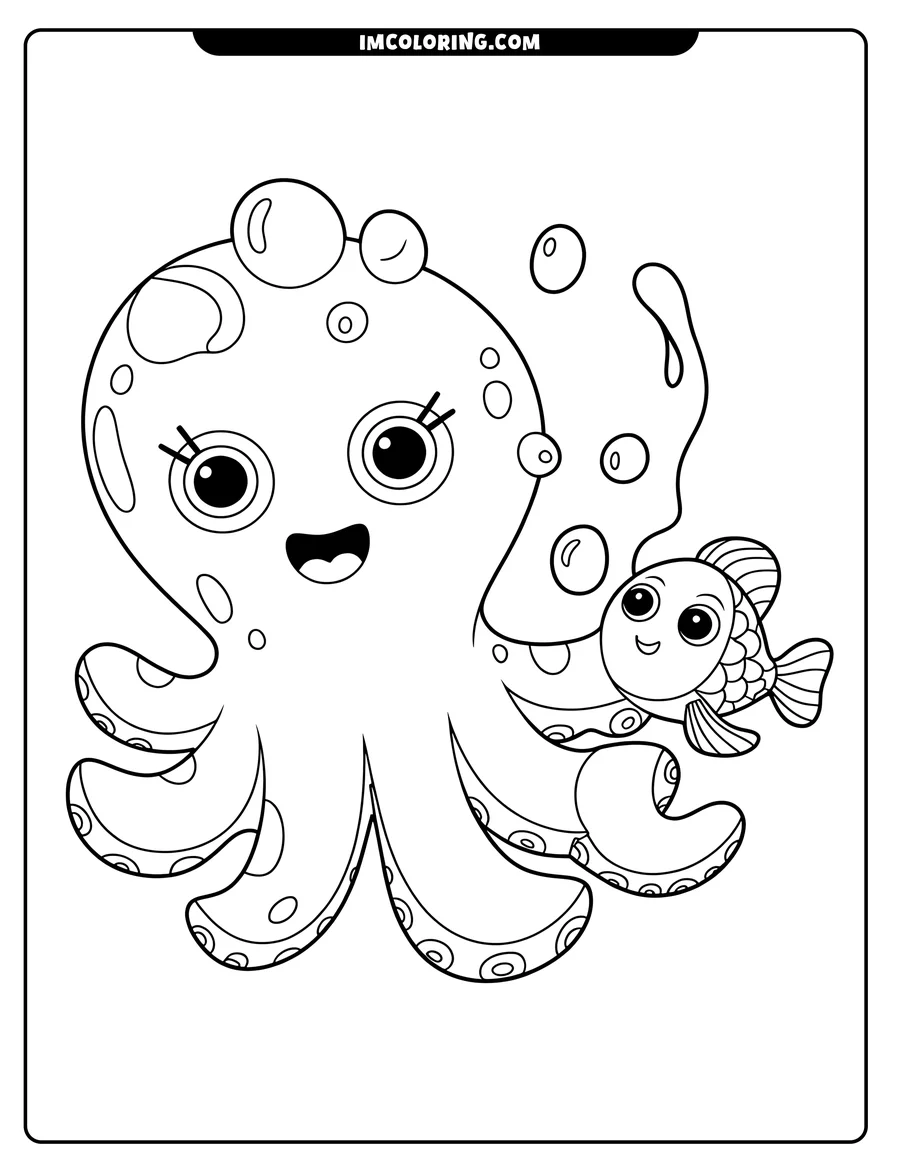 Outline of a smiling octopus and a small fish swimming together, surrounded by bubbles.