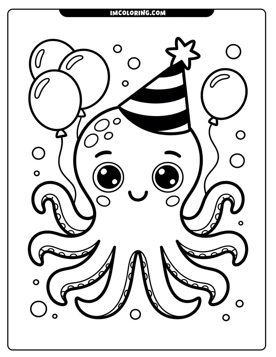 Outline of a cartoon octopus wearing a party hat and surrounded by balloons, floating among bubbles.