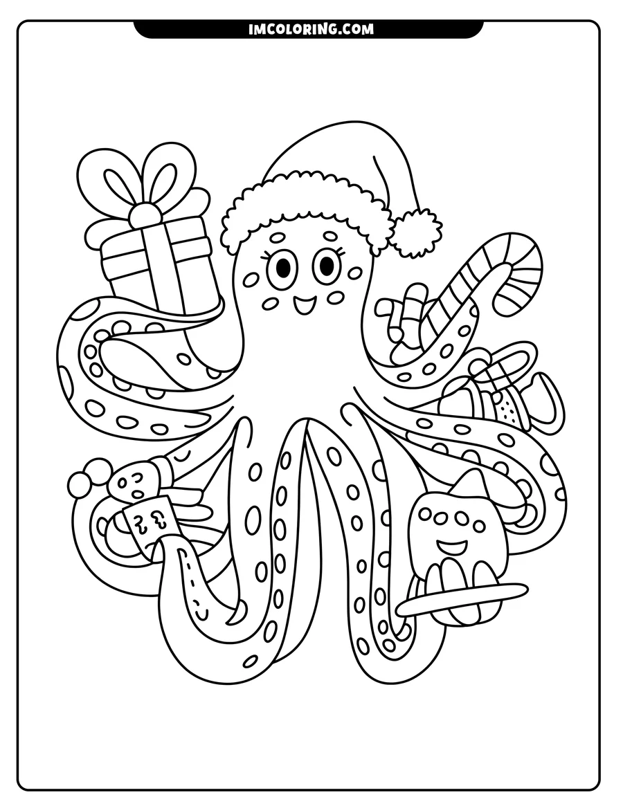 Outline of a cheerful octopus with a Santa hat holding Christmas gifts, including a present, candy cane, stocking, and gingerbread cookie.