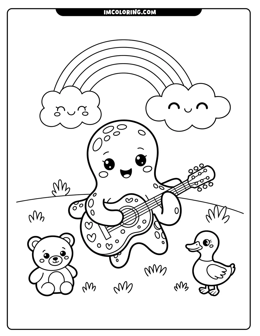 Line art of a cheerful octopus playing a guitar, accompanied by a duckling and a teddy bear, with a rainbow overhead.