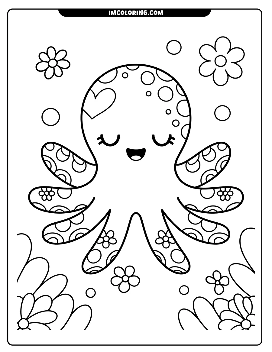 Outline of a cartoon octopus decorated with flower and circle patterns, surrounded by small flowers and bubbles.