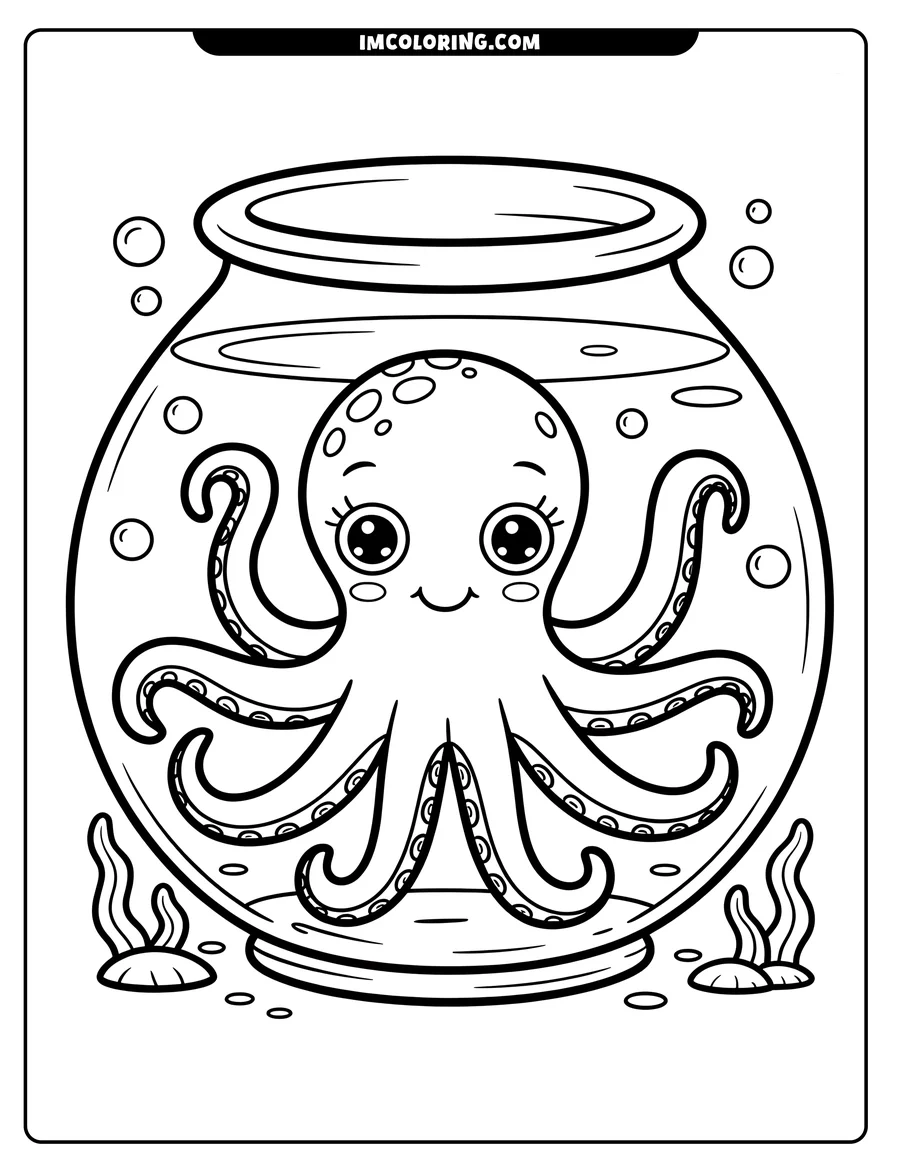 Outline of a happy octopus inside a fishbowl, surrounded by bubbles and seaweed.
