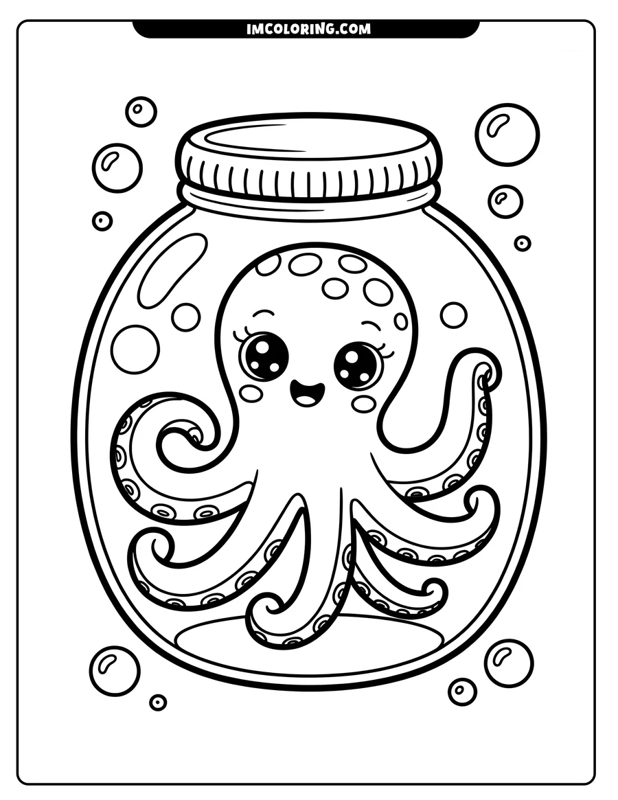 Outline of a cute octopus sitting inside a glass jar with bubbles floating around it.