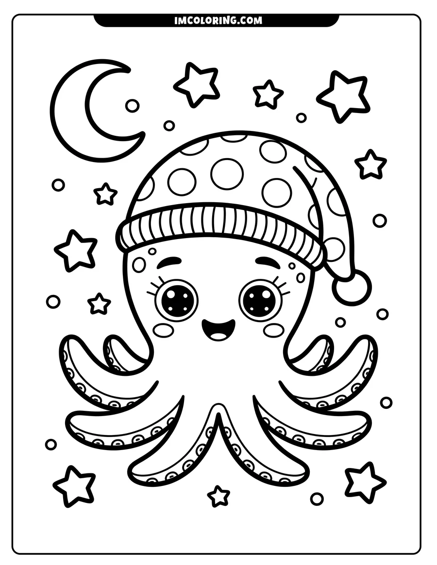 Outline of a cute octopus wearing a spotted nightcap, surrounded by stars and a crescent moon.