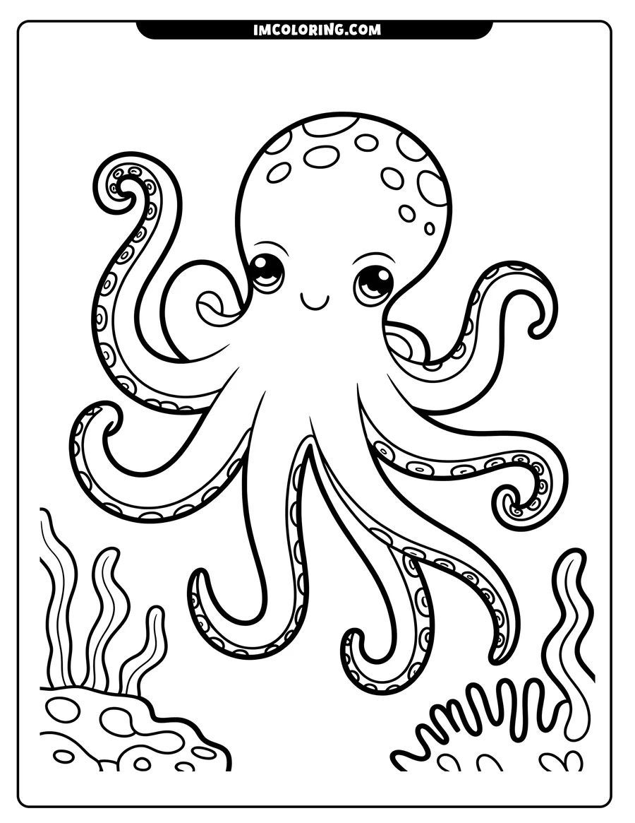 Outline of a cartoon octopus with large eyes and swirling arms near coral and seaweed
