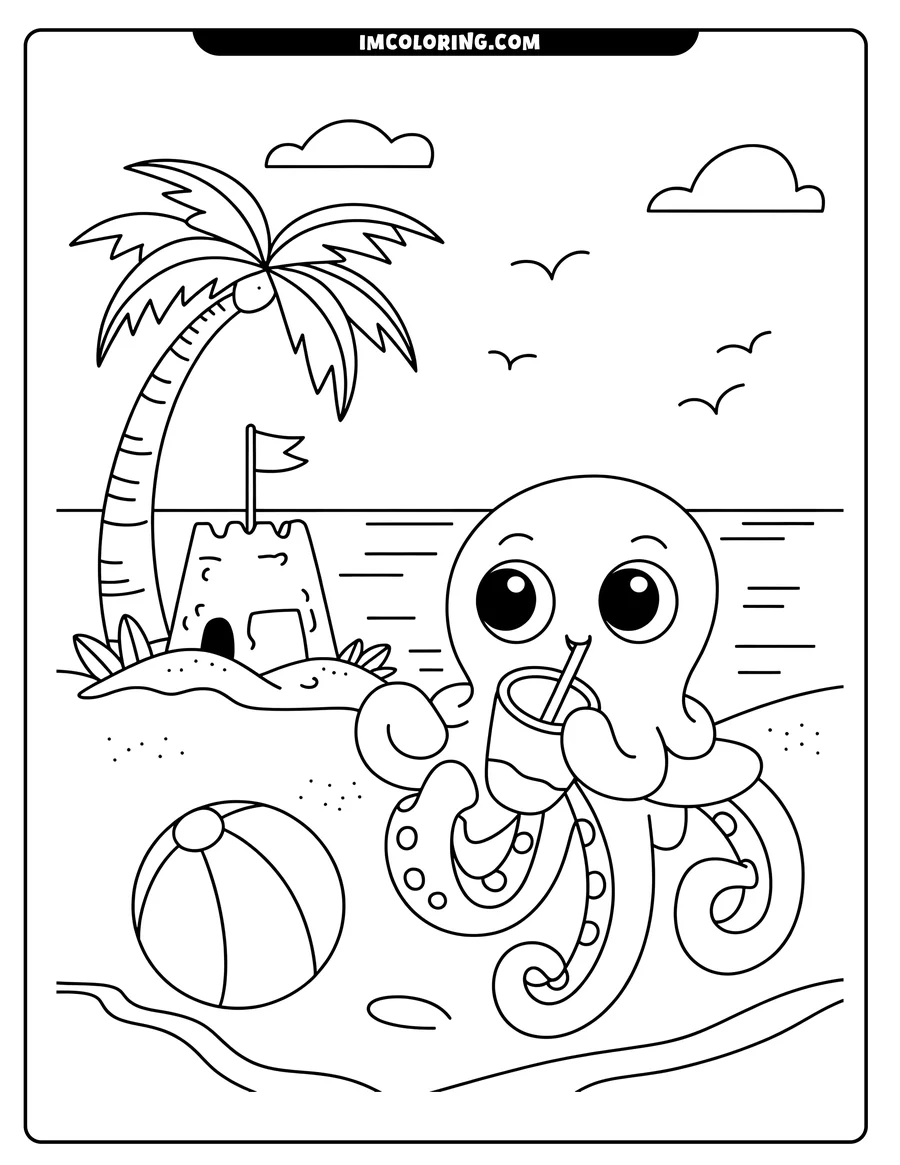 Outline of a cheerful octopus enjoying a beverage on a sunny beach with a beach ball, sandcastle, and palm tree.