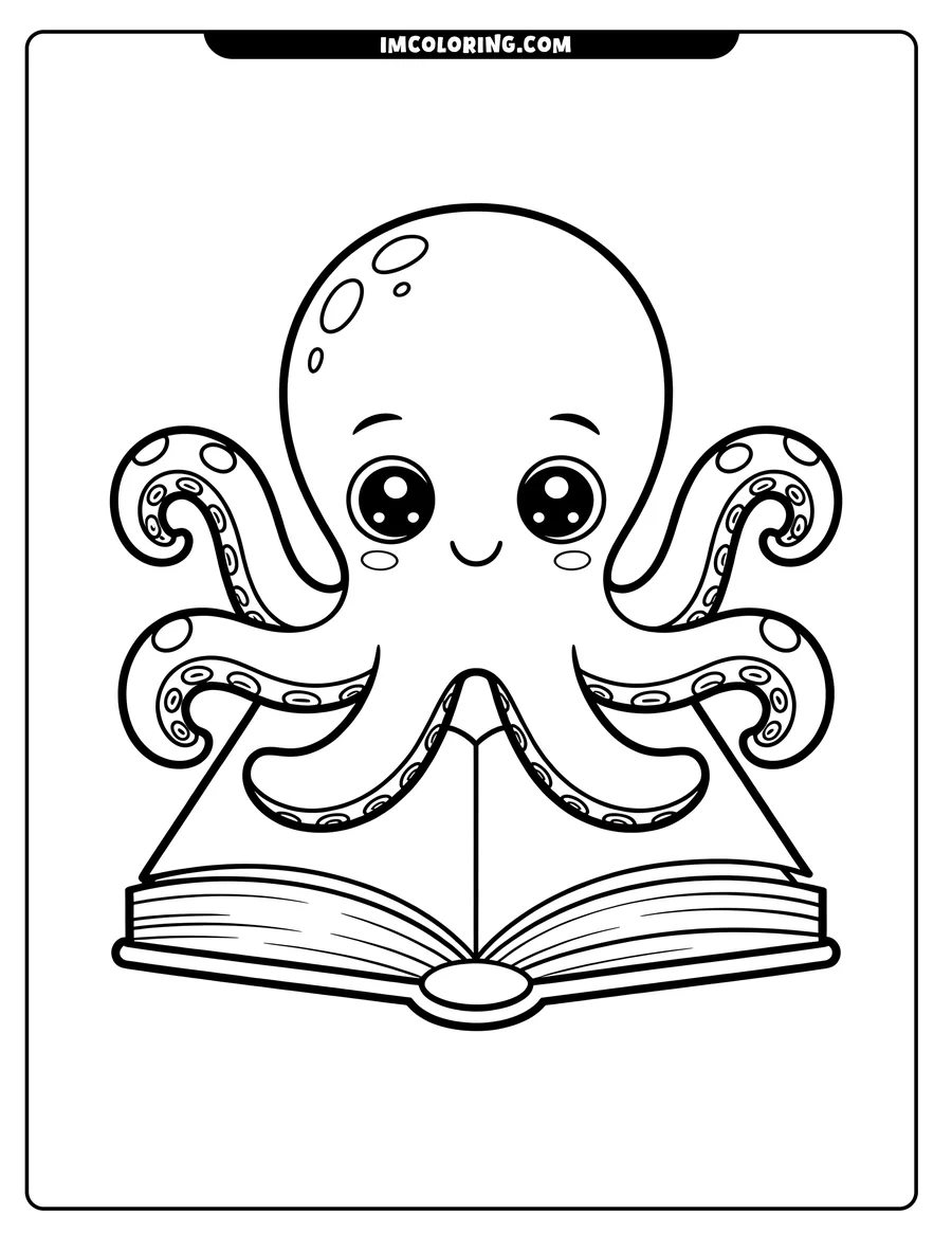 Outline of a cute cartoon octopus resting on an open book.
