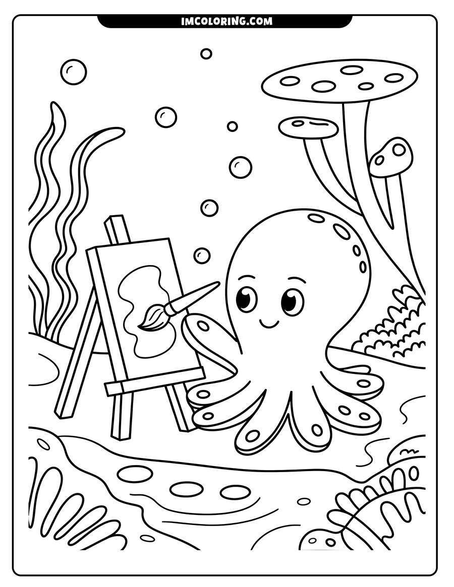 Line art of an octopus painting at an easel underwater, surrounded by bubbles, seaweed, coral, and mushrooms.