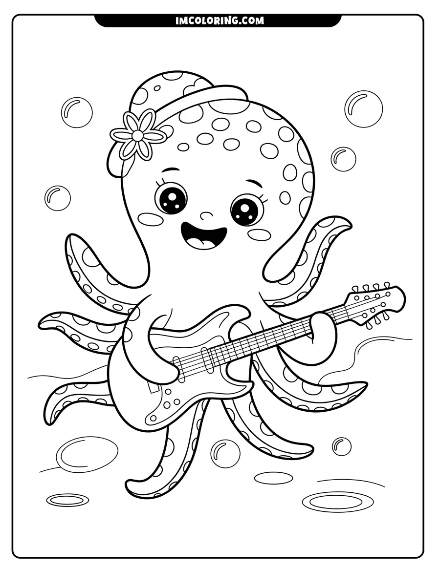 Outline of a happy octopus playing an electric guitar underwater, surrounded by bubbles.