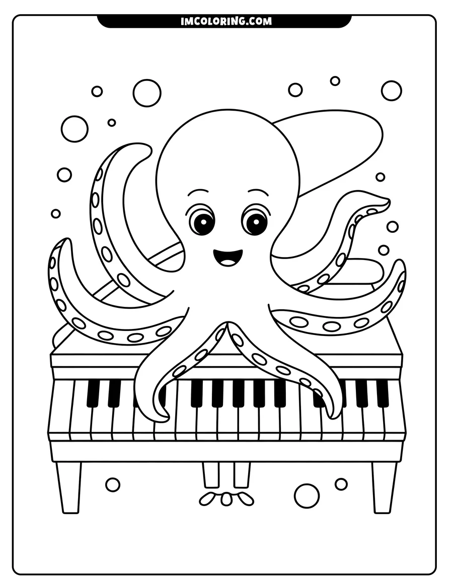 Line art of an octopus playing a piano. Bubbles float around the octopus.