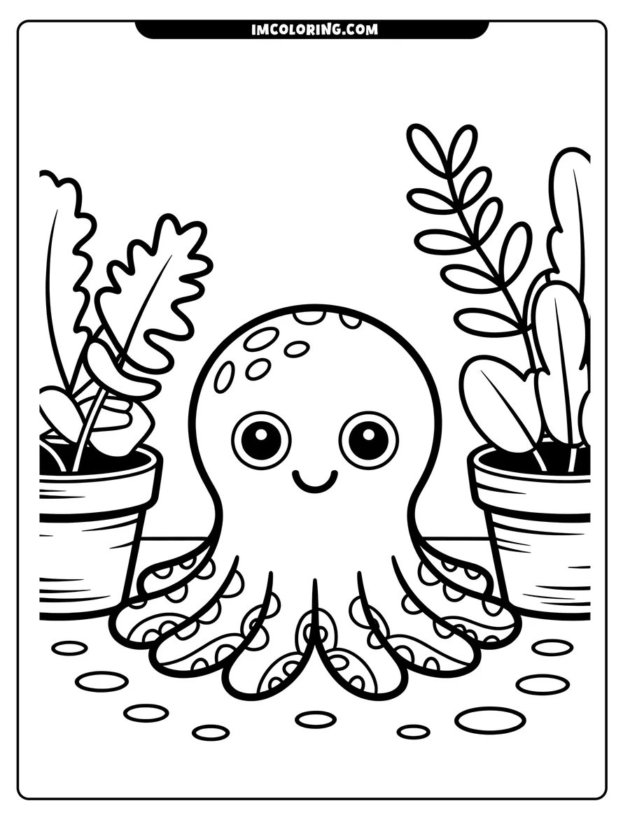 Outline of a cute octopus sitting between two potted plants. The octopus has large eyes and a cheerful expression.