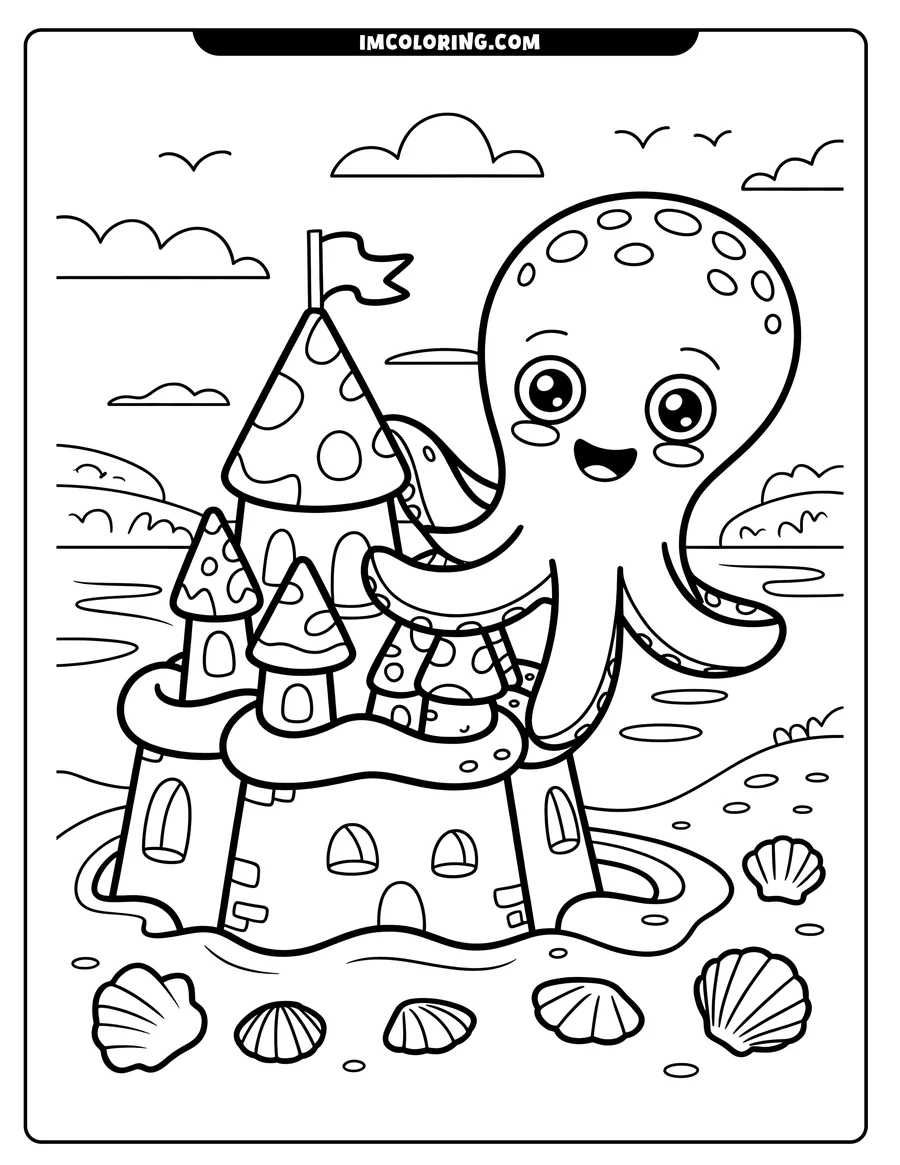 Outline of a happy octopus by a sandcastle on a beach, surrounded by seashells. The octopus is smiling and has its arms draped over the castle.