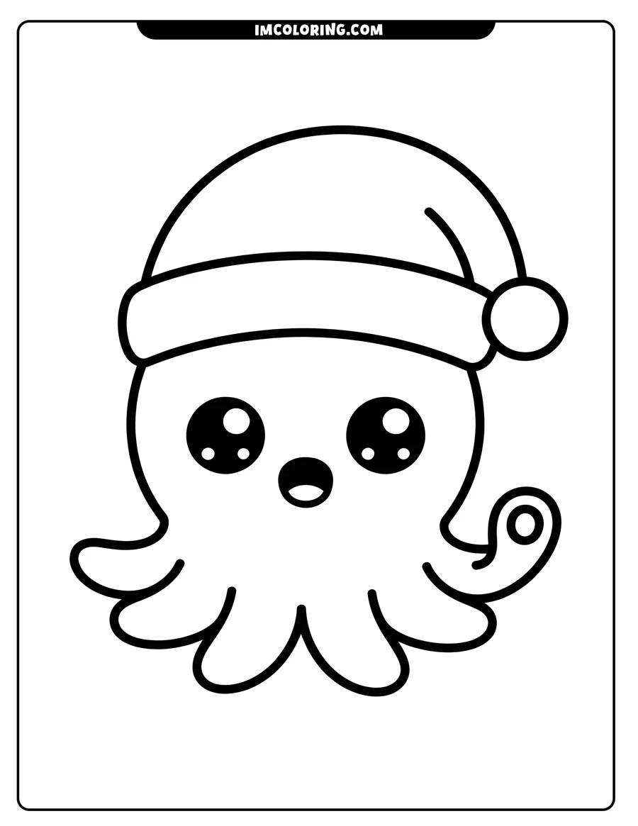 Line drawing of a cartoon octopus wearing a Santa hat, with large eyes and curled tentacles.
