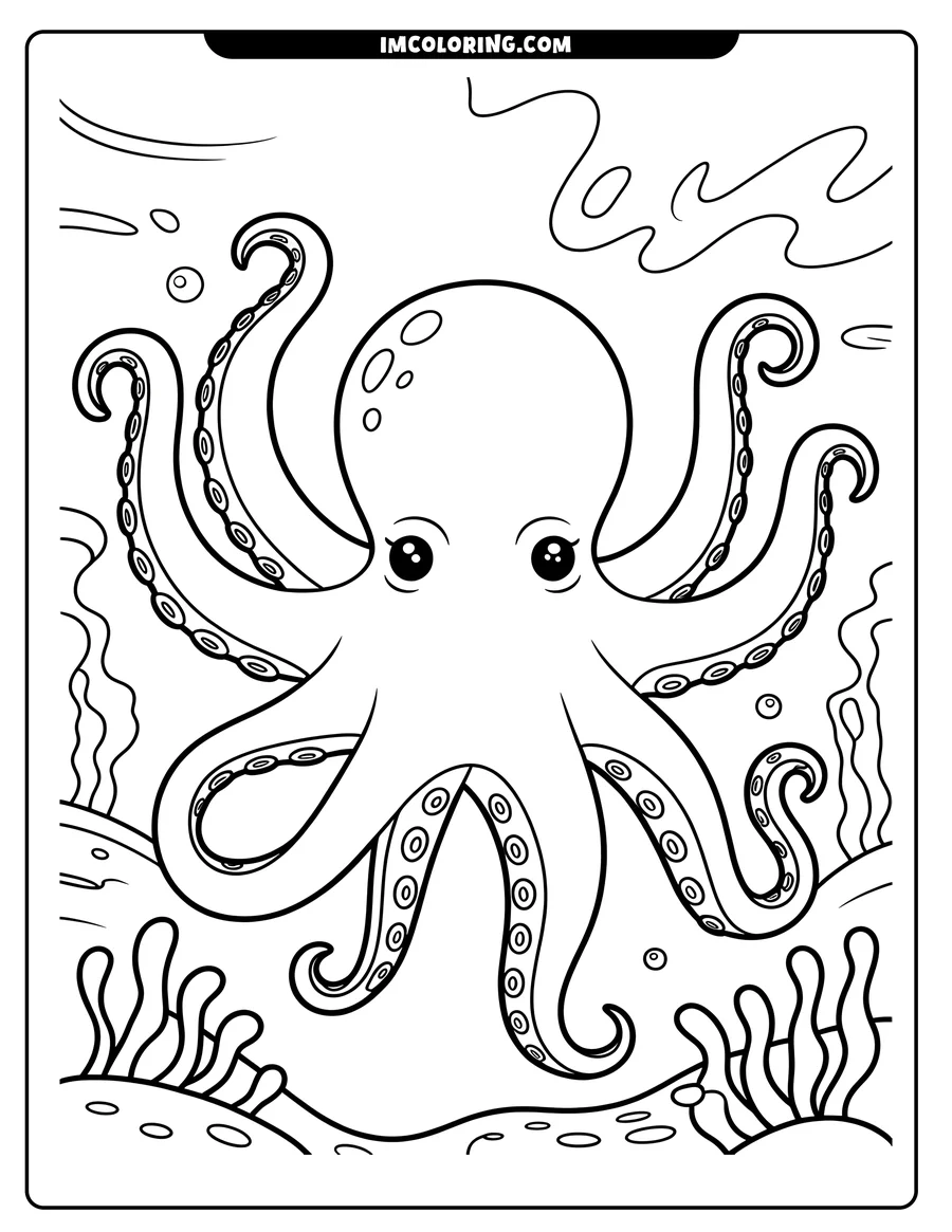 Line art of an octopus with large eyes and curled tentacles, floating among seaweed and bubbles underwater.