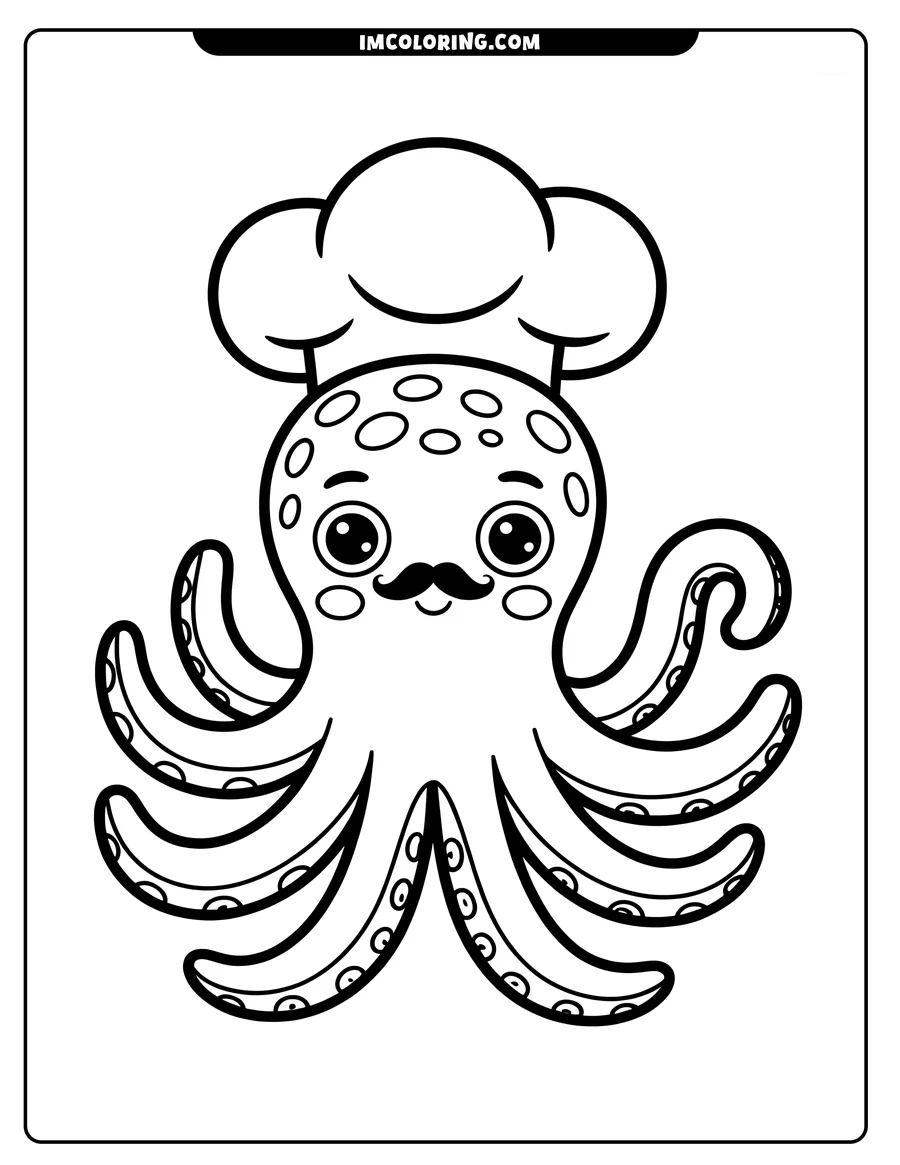 Outline of a cheerful octopus wearing a chef's hat and a mustache.