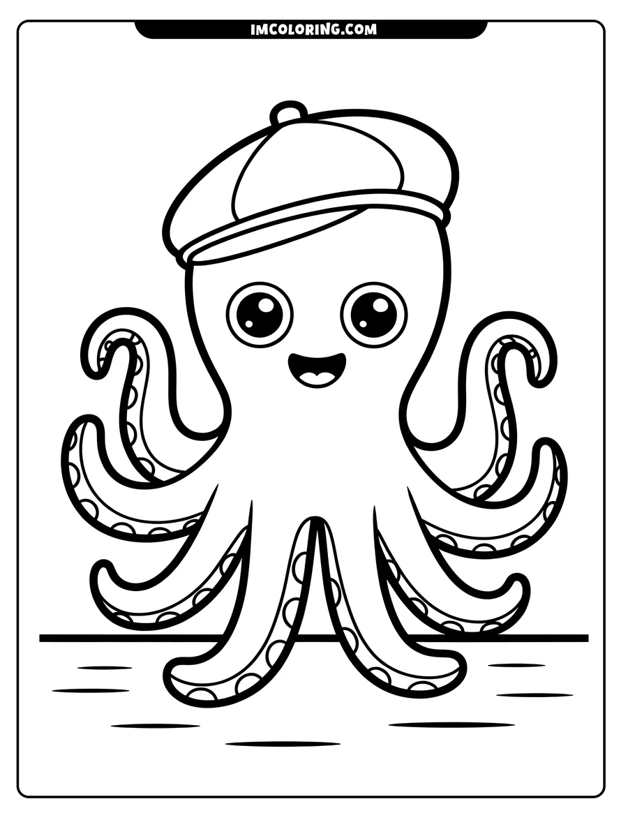 Line art of a happy octopus wearing a baseball cap. Its eight tentacles have rows of suckers.