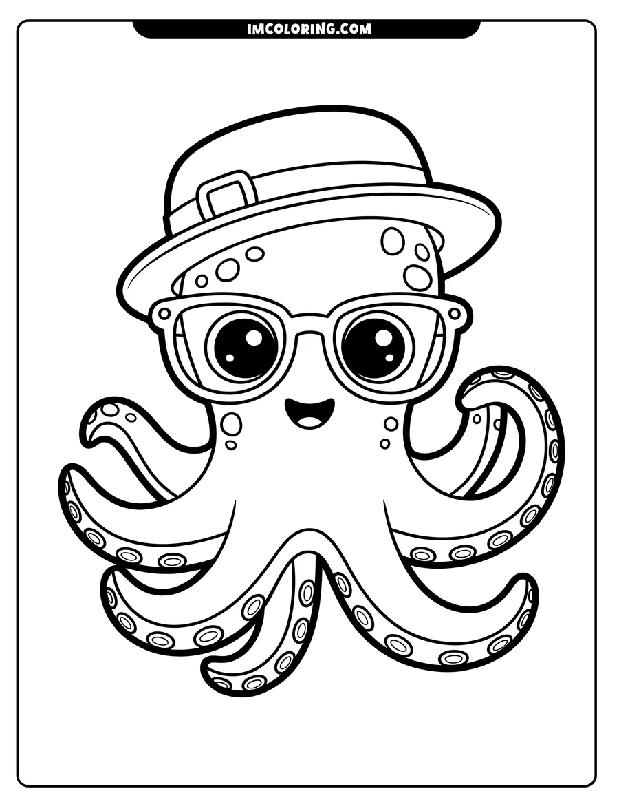 Line art of a smiling octopus wearing a fedora-style hat and round glasses. Its eight tentacles are visible, and its body and tentacles are dotted with small circles.