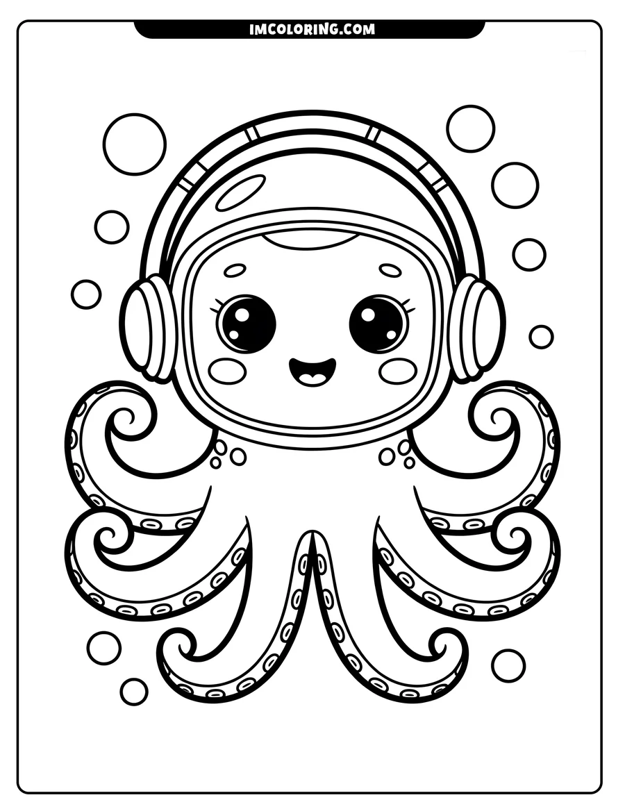 Line art of a smiling octopus wearing headphones, surrounded by bubbles.