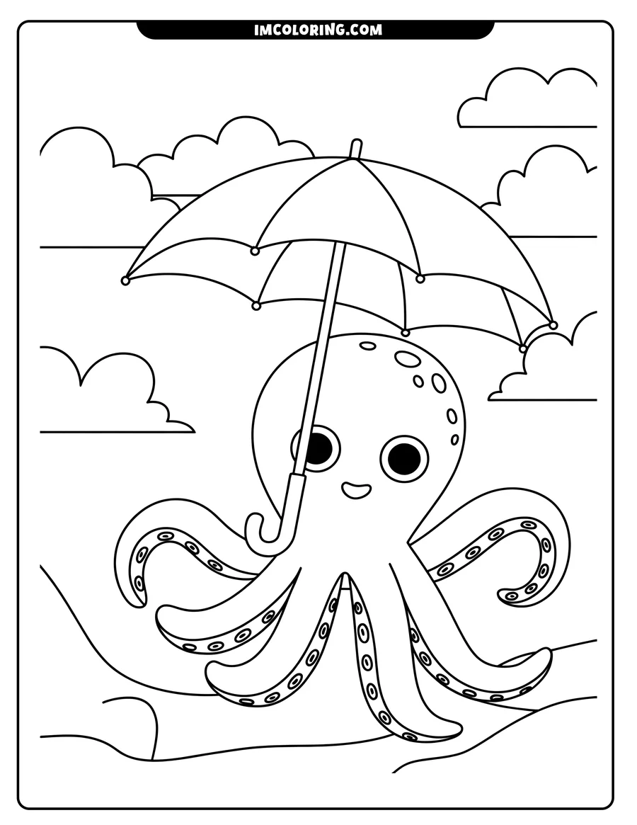 Outline of an octopus holding an umbrella, with clouds in the background.