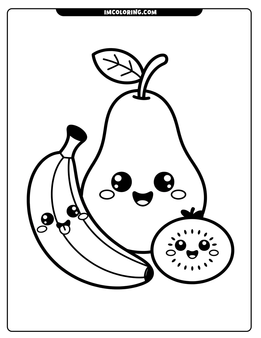 Line art of a kawaii pear, banana, and kiwi slice. Each has a happy face, perfect for a vibrant coloring page.